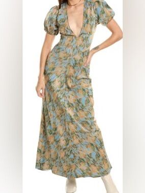 WeWoreWhat Puff Sleeve Maxi Dress- "Dream Blue/Tan/Green” Print. SIZES 4 & 10